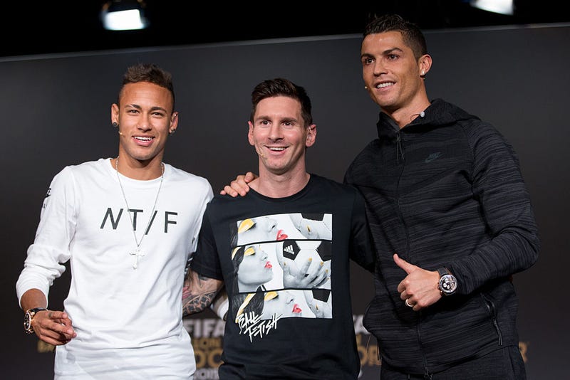 Neymar Jr of Brazil, Lionel Messi of Argentina and Cristiano Ronaldo of Portugal
