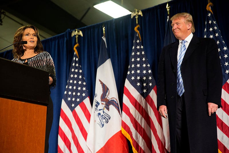 Sarah Palin and Donald Trump at Iowa State University on January 19, 2016.
