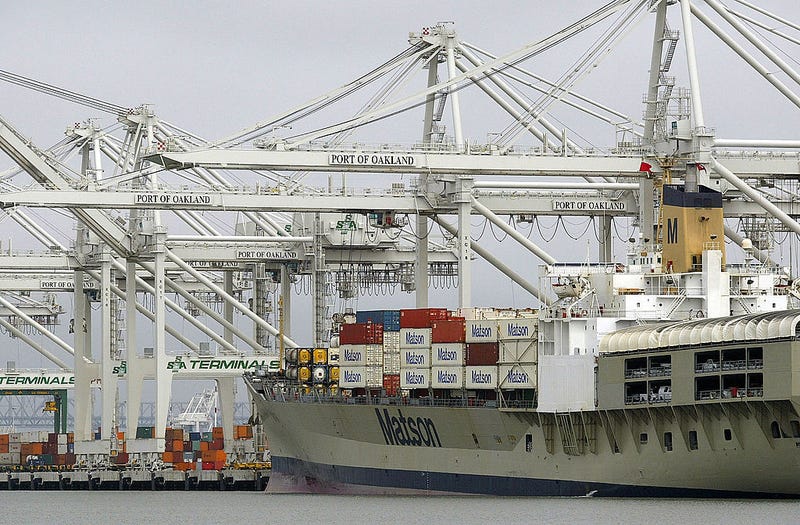 A cargo ship is seen docked at the Port of Oakland July 1, 2004 in Oakland, California.