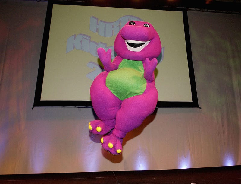 Barney the dinosaur performs during the Hollywood Radio and Television Society's 10th Annual Kids Day 2004 show.