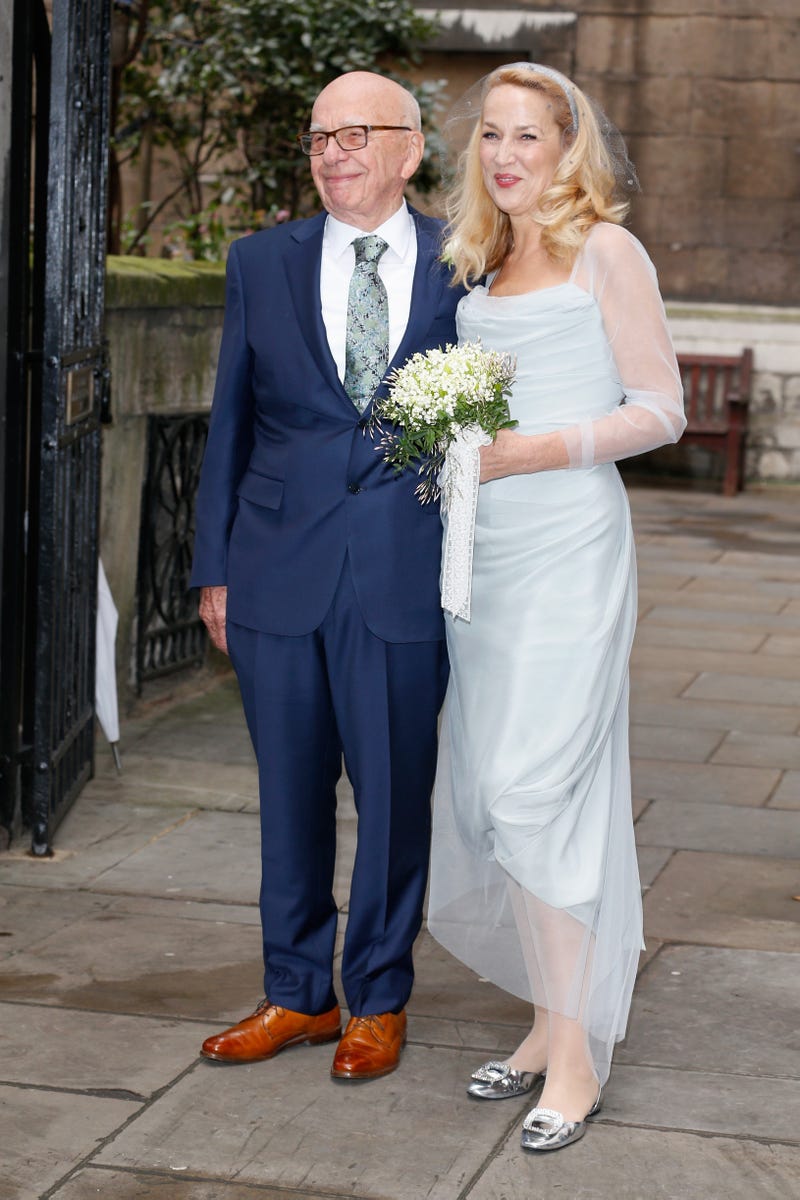 Jerry Hall and Rupert Murdoch are seen leaving St Bride's Church after their second wedding ceremony on March 5, 2016 in London, England.