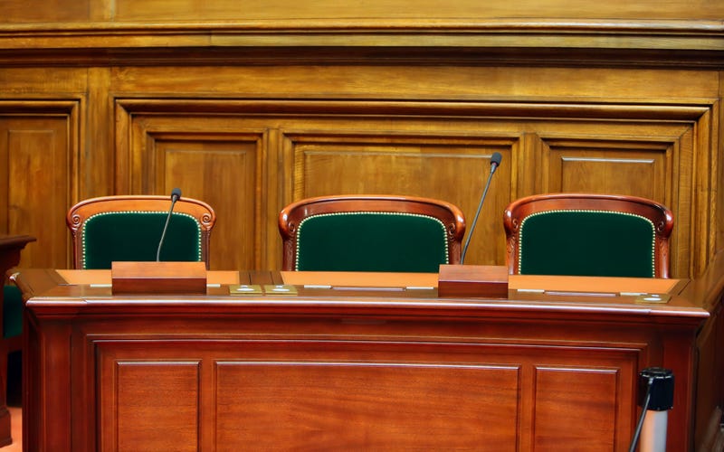 Empty vintage court's room with table,chairs and microphones