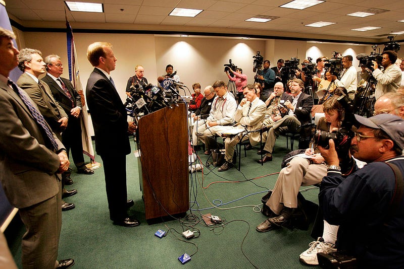 U.S. Attorney McGregor Scott speaks during a press conference on June 8, 2005 in Sacramento, California. On June 5, 2005 both Umer Hayat, 47, and his son Hamid Hayat, 22, were arrested by FBI agents charging each with one count alleging making a false statement to a Federal Agent. The two are suspected of having links to an al-Qaida camp in Pakistan. (Photo by David Paul Morris/Getty Images)