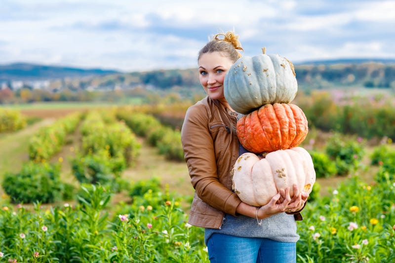 woman picking up pumpkins for halloween 