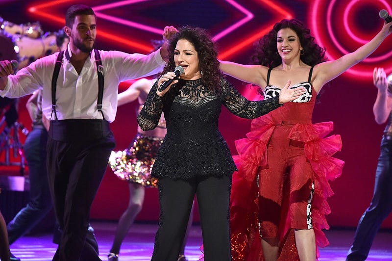 Josh Segarra, Gloria Estefan and Ana Villafane of 'On Your Feet!' perform onstage during the 70th Annual Tony Awards
