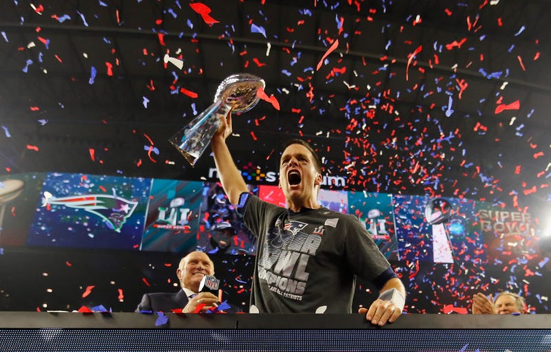 Tom Brady celebrating the Patriots' comeback win over Atlanta in Super Bowl LI