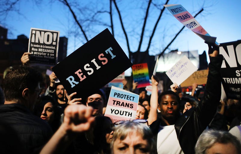 Hundreds protest a Trump administration announcement this week that rescinds an Obama-era order allowing transgender students to use school bathrooms matching their gender identities, at the Stonewall Inn on February 23, 2017 in New York City.