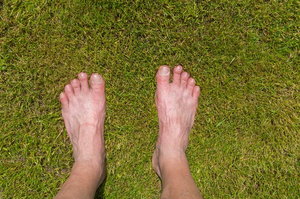 Man's bare feet standing on lawn