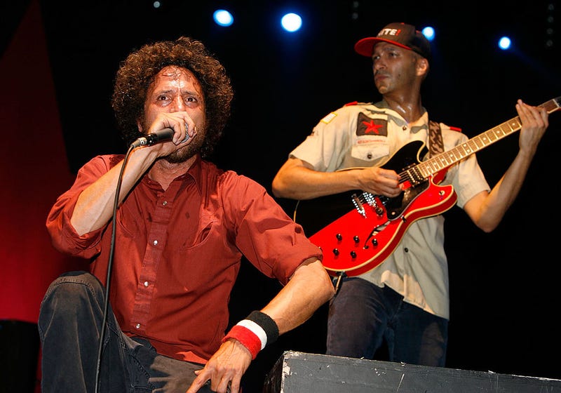 Musicians Zack De La Rocha (L) and Tom Morello from the band "Rage Against the Machine" perform at the Coachella Music Festival on April 29, 2007