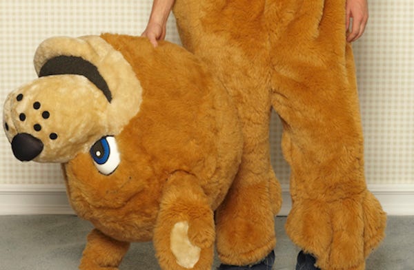 Man holding a dog costume
