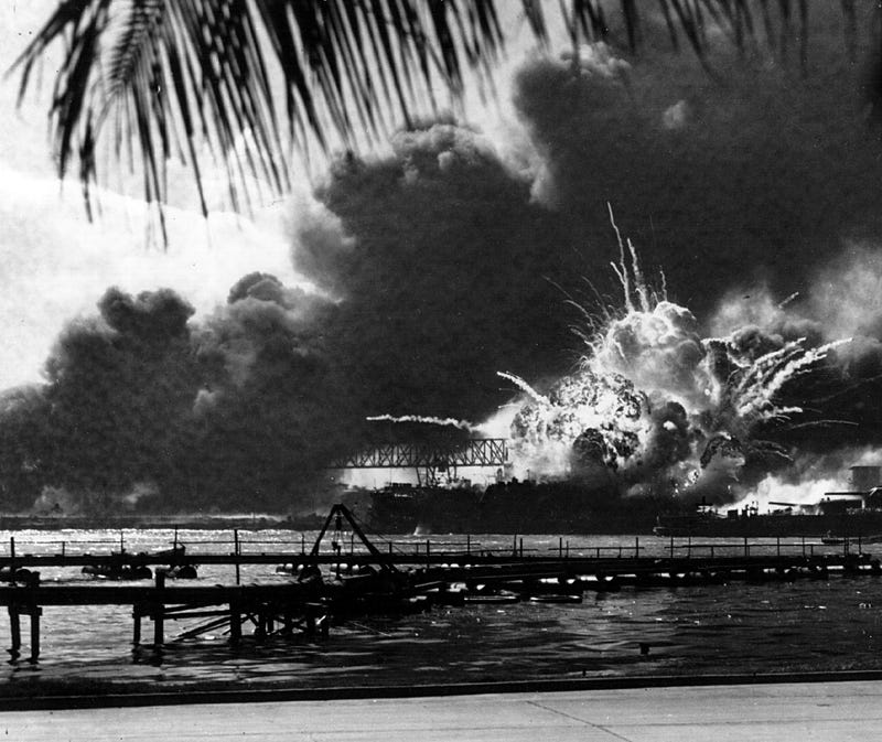The USS Shaw explodes during the Japanese raid on Pearl Harbor December 7, 1941.