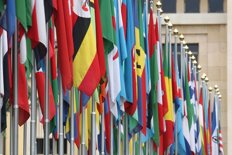 Numerous national flags are seen in front of the United Nations Office in Geneva, Switzerland