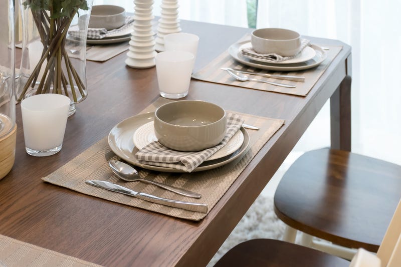 dining room interior with table set on wooden table