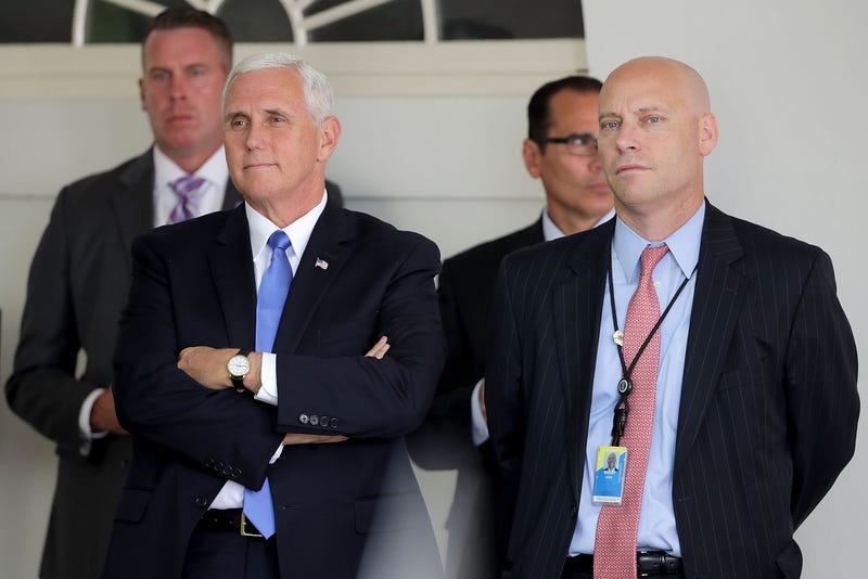 U.S. Vice President Mike Pence and White House Director of Legislative Affairs Marc Short attend a news conference with U.S. President Donald Trump and Lebanese Prime Minister Saad Hariri in the Rose Garden at the White House July 25, 2017 in Washington, DC.