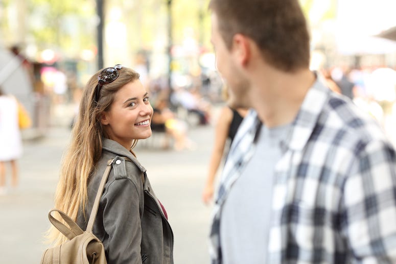 Man, Woman, Walking, Street, Flirting