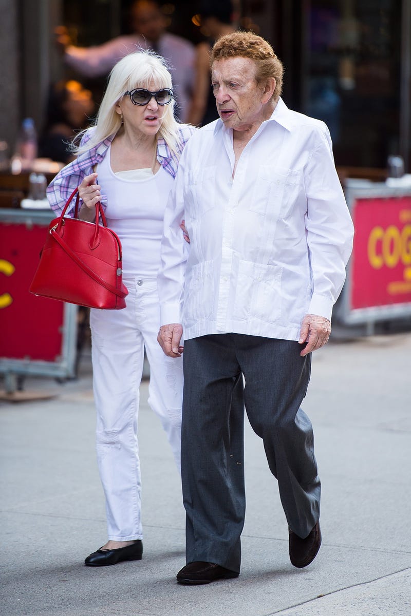 Jyll Rosenfeld (L) and comedian Jackie Mason are seen in Midtown on August 17, 2017 in New York City. 