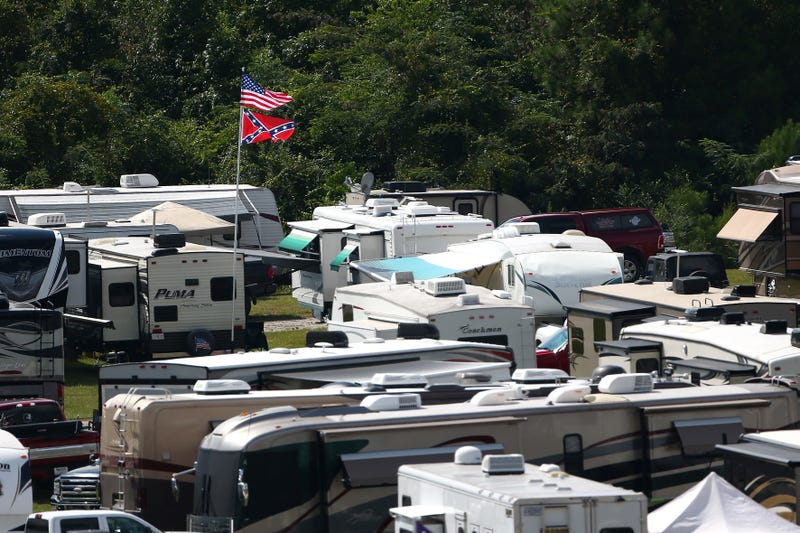 Confederate flags are seen during practice for the Monster Energy NASCAR Cup Series Bojangles' Southern 500 at Darlington Raceway on September 1, 2017 in Darlington, South Carolina.