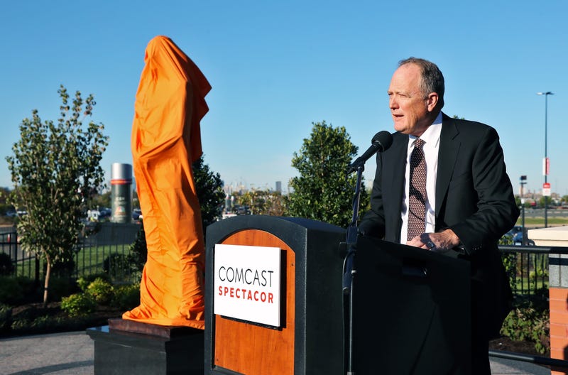 Dave Scott, CEO of Comcast Spectacor, speaks during a ceremony where a statue of the late Philadelphia Flyers owner and founder Ed Snider was unveiled on Oct. 19, 2017, at the Wells Fargo Center in Philadelphia, Pennsylvania.