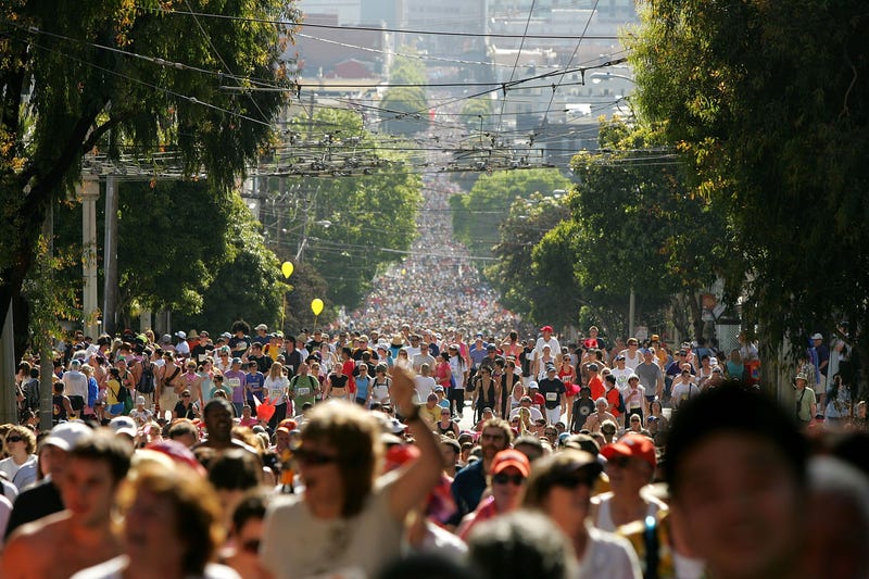 Participants run up Hayes Street Hill during the ING Bay to Breakers race May 17, 2009 in San Francisco, California.