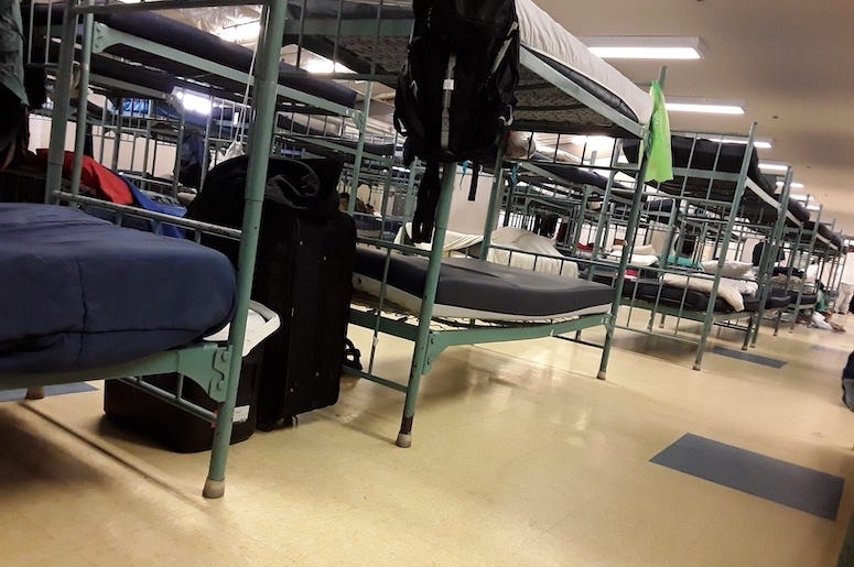 Cots in homeless shelter, bunk beds