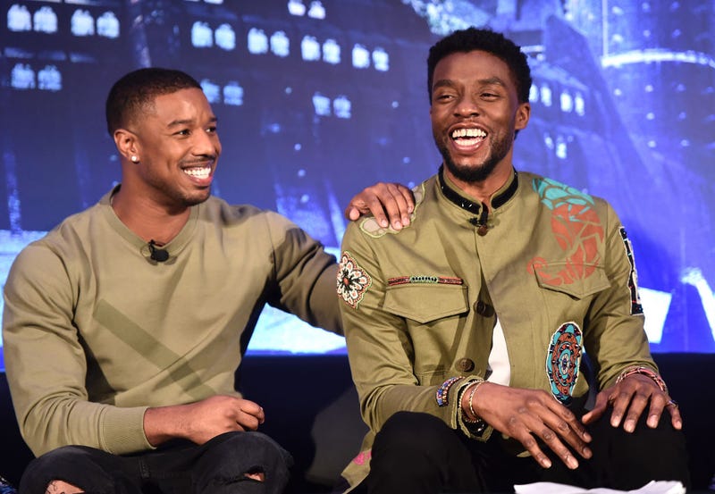 Michael B. Jordan and Chadwick Boseman at a 'Black Panther' global press junket in 2018