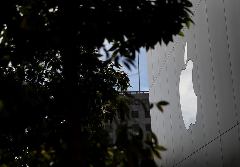 The Apple logo is displayed on the exterior of an Apple Store on February 1, 2018 in San Francisco, California.