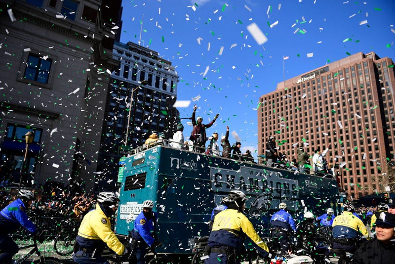 Philadelphia Eagles players riding a bus relish the celebration during festivities on February 8, 2018 in Philadelphia