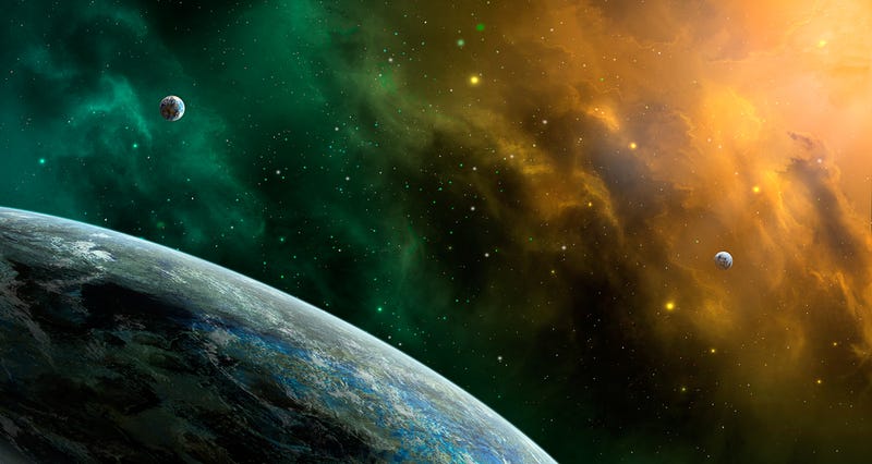 Orange and green nebula with planets.