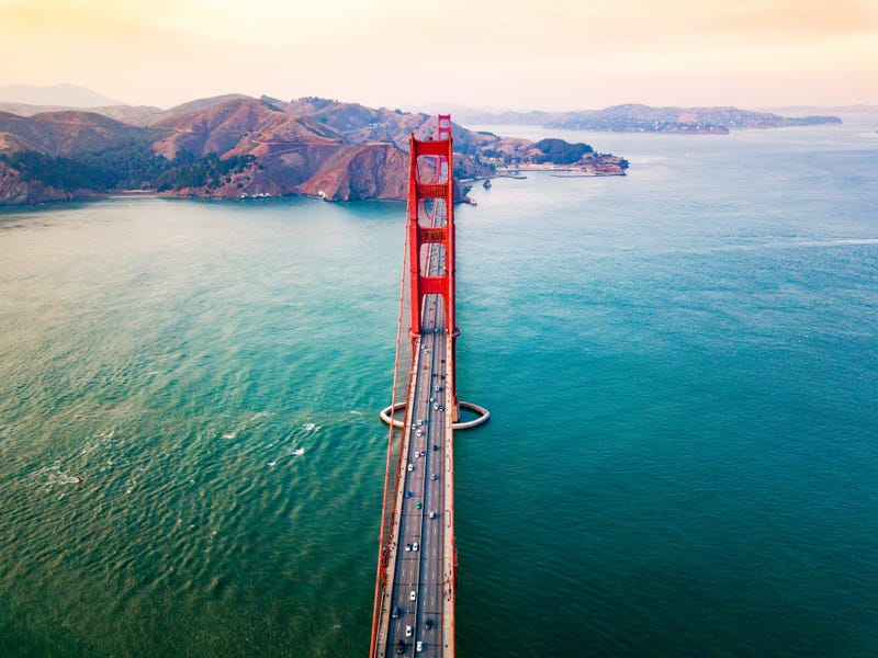The Golden Gate Bridge at sunset.