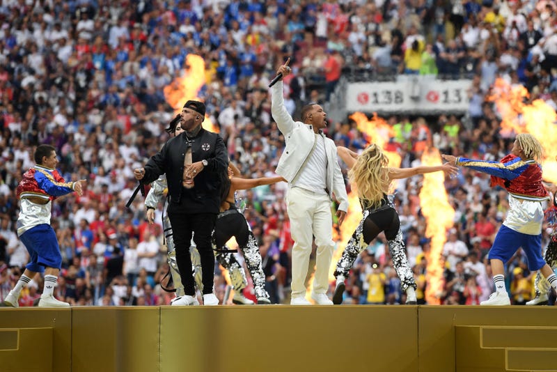 Nicky Jam and Will Smith perform during the closing ceremony prior to the 2018 FIFA World Cup Final between France and Croatia in 2018