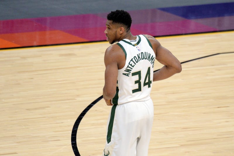 Feb 10, 2021; Phoenix, Arizona, USA; Milwaukee Bucks forward Giannis Antetokounmpo (34) looks on against the Phoenix Suns during the second half at Phoenix Suns Arena. Mandatory Credit: Joe Camporeale-USA TODAY Sports