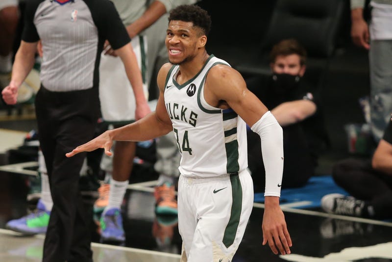 Jun 15, 2021; Brooklyn, New York, USA; Milwaukee Bucks power forward Giannis Antetokounmpo (34) reacts during the fourth quarter of game five of the second round of the 2021 NBA Playoffs against the Brooklyn Nets at Barclays Center. Mandatory Credit: Brad Penner-USA TODAY Sports