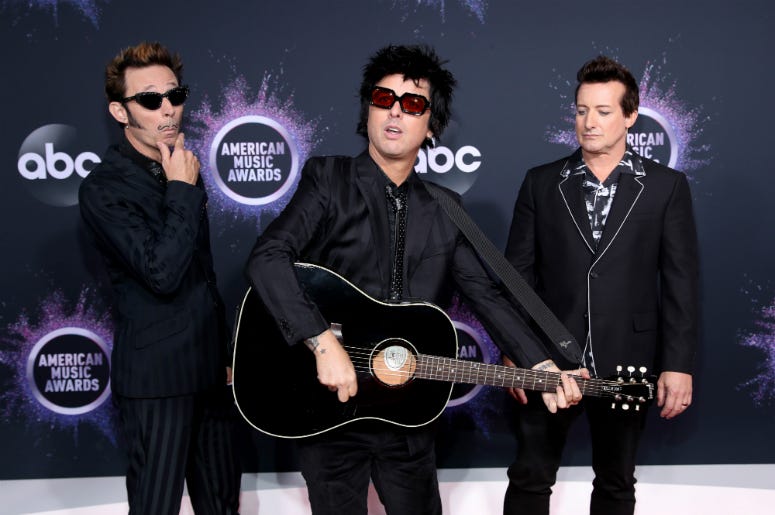 Mike Dirnt, Billie Joe Armstrong, and Tré Cool of Green Day attend the 2019 American Music Awards