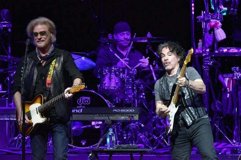 Daryl Hall and John Oates of Hall & Oates perform in concert at American Airlines Arena
