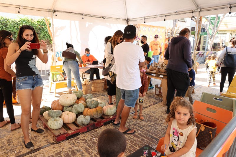 A mom takes pictures of her kids at a pumpkin patch