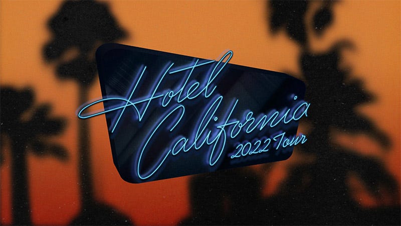Hotel California sign over sunset and palm trees