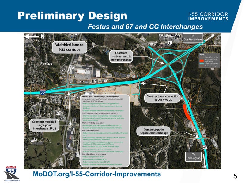 Additional lane in design phase from Pevely to Festus on I55