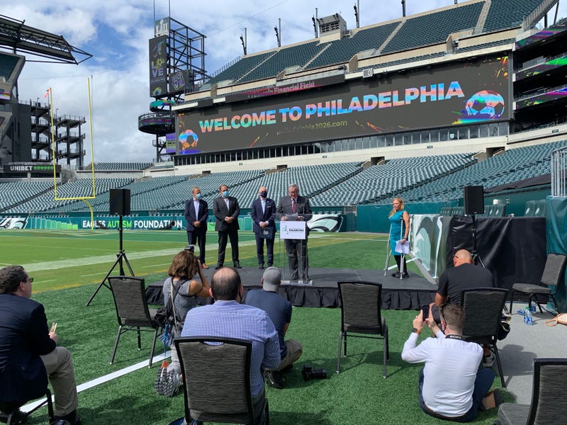 Mayor Jim Kenney with FIFA executives during a presentation with Philadelphia's bid to host World Cup 2026 matches at Lincoln Financial Field.