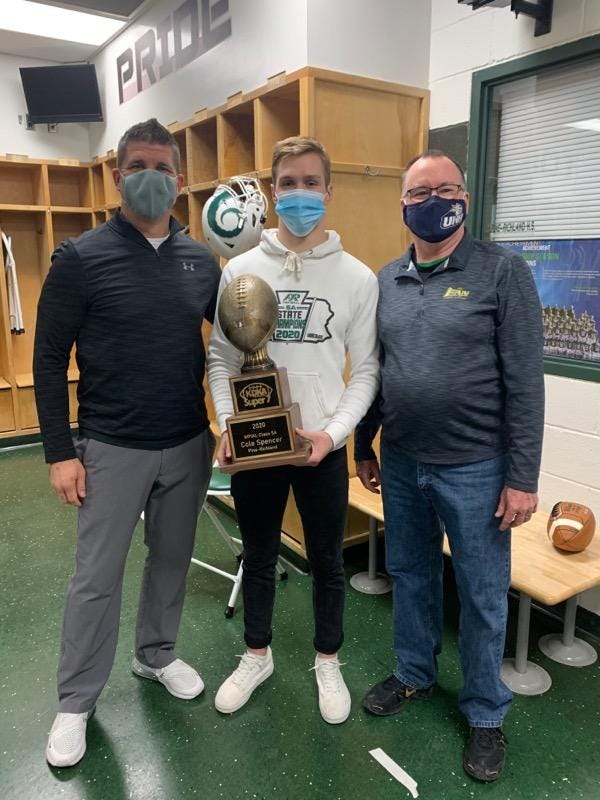 KDKA Radio Super 7 5A Player of the Year with head coach Eric Kasperovicz (L) and KDKA Radio sports reporter Jim Colony (R)