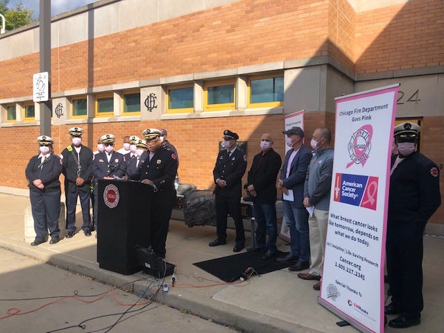 The Chicago Fire Department is observing Breast Cancer Awareness Month by outfitting firefighters and paramedics with pink shirts, masks and gloves.