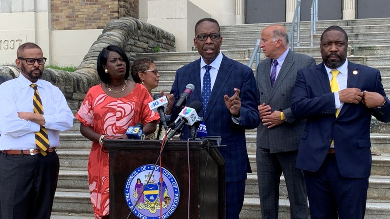 Philadelphia City Council President Darrell Clarke (center) during an announcement of new security cameras near 19 schools where gun violence affected students.