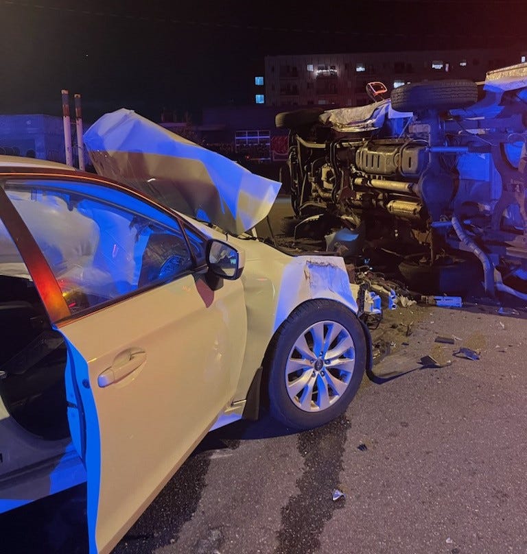 A crashed car and truck near the Boulevard on Thursday, Sept. 1.