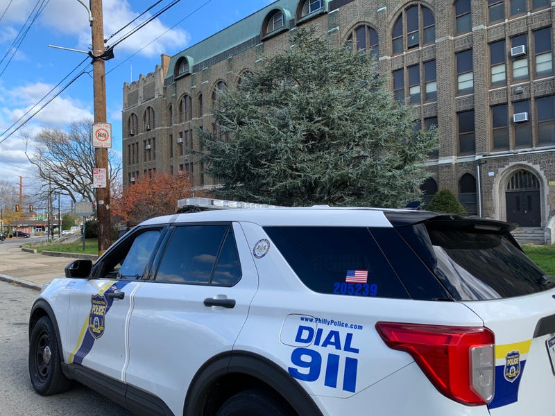 Philadelphia Police patrolling outside Overbrook High School, days after four students were shot and wounded a block away from the school.