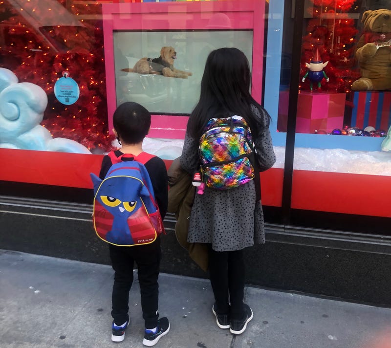 Two kids look into the now-virtual puppy window at Macy's in San Francisco's Union Square