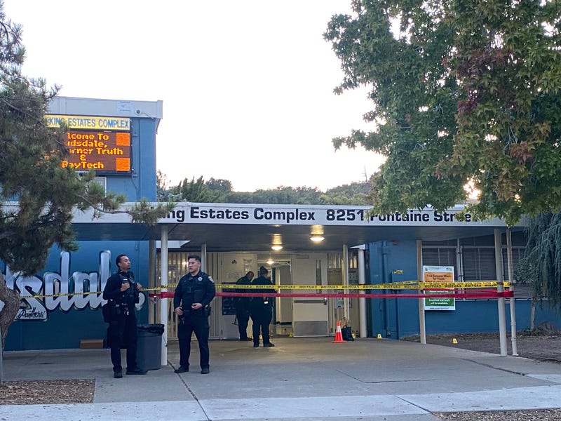 Police on the scene at the King Estates Complex in Oakland the evening after 6 people were in injured in a shooting on the campus.