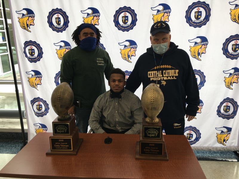 Pittsburgh Central Catholic Vikings star running back Eddy Tillman and Coach Terry Totten were presented the 6A award by KDKA Radio Sports Director Jeff Hathhorn.