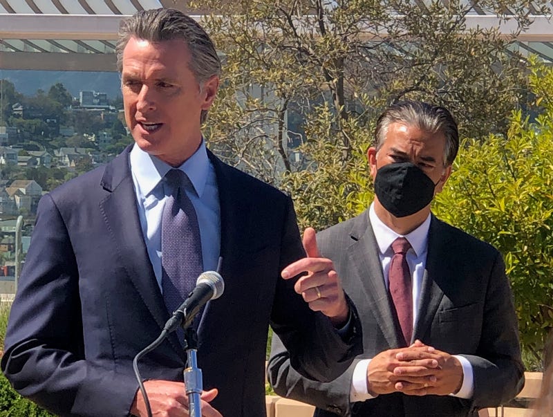 California Gov. Gavin Newsom (L) and Attorney General Rob Bonta (R) at a press conference on June 10, 2021 in San Francisco, California.