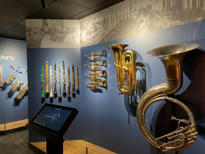 Horns on display inside NAMM's Museum of Making Music