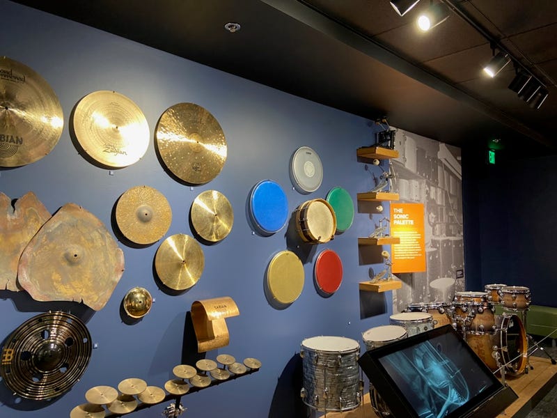 Drum heads on display inside NAMM's Museum of Making Music