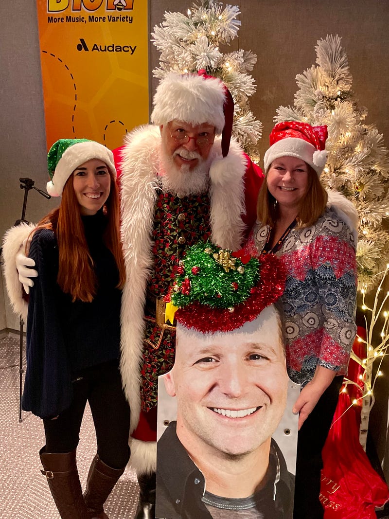 Santa Visits Jenn, Producer Laura and "Bill Head" Monday morning